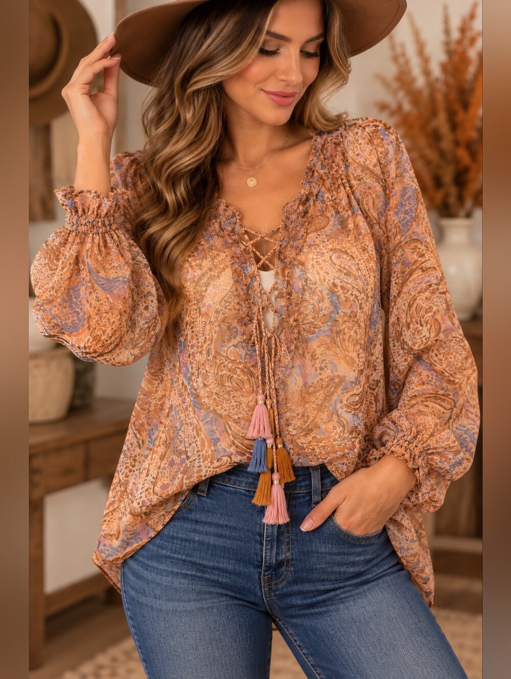Democracy Paisley Sheer Boho Lace Up Tassel Blouse Size Medium